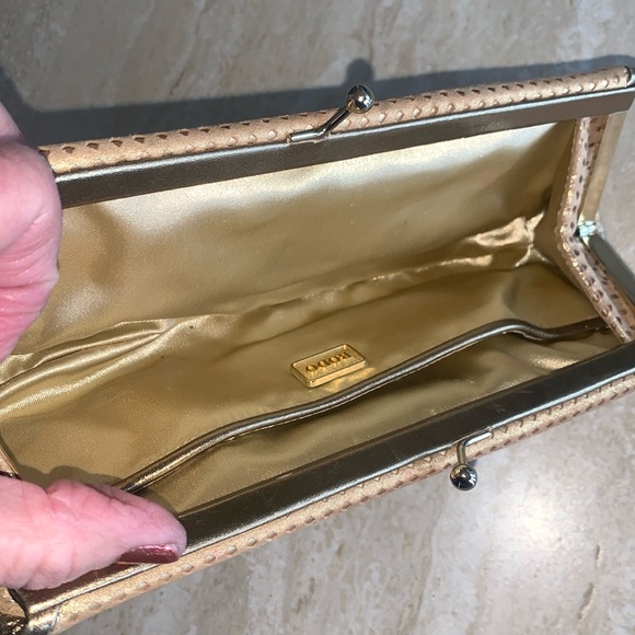 RODO metallic gold clutch, laser cut suede over satin, “kiss” lock. - Picture 10 of 17
